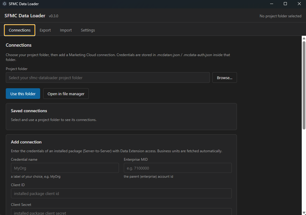 SFMC Data Loader App — connections screen