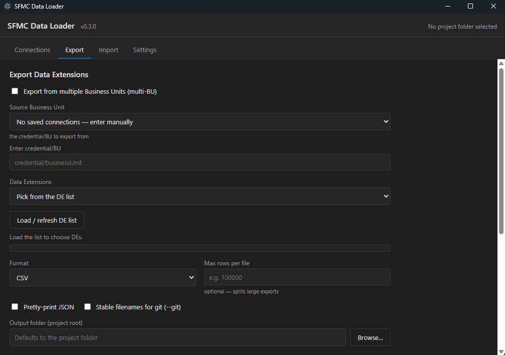 SFMC Data Loader App — export screen