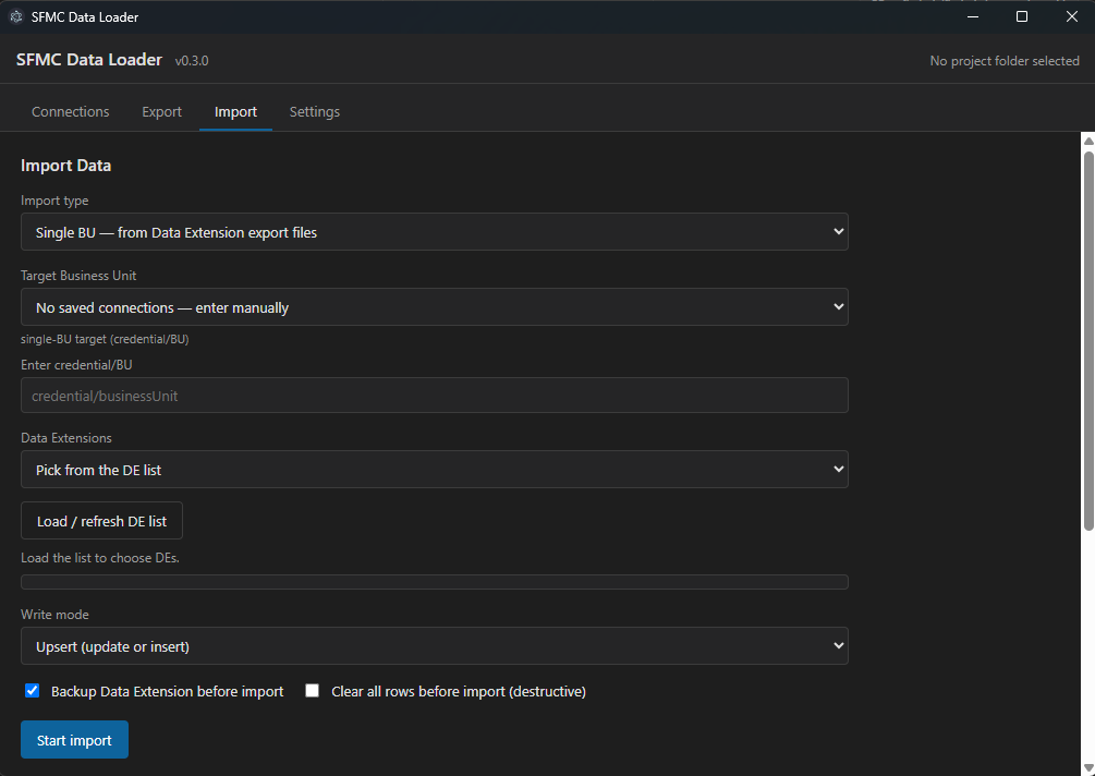 SFMC Data Loader App — import screen