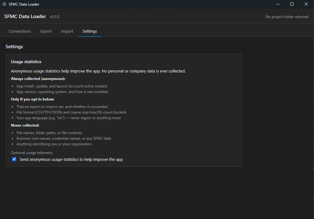 SFMC Data Loader App — settings screen